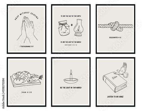  Christian Line Symbols Sketch Posters, Religion Hand Drawn Art, Biblical symbols doodle, Wall decor