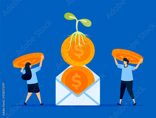 Illustration of letters containing money overgrown with plant, representing investment growth notifications in the financial sector. Can be used for fintech apps, financial newsletters, and investment