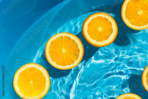 Creative summer composition made of sliced orange in transparent pool water. Refreshment concept. Healthy refreshing drink theme. Top view