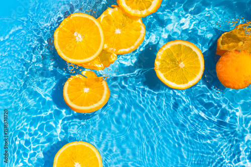 Creative summer composition made of sliced orange in transparent pool water with splashes. Refreshment concept. Healthy refreshing drink theme. Top view