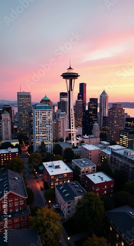 seattle skyline sunset iconic space needle standing tall amongst buildings trees vehicles road sky
