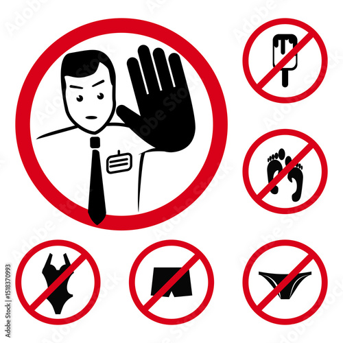 Security Guard Prohibiting Entry with Dress Code and Ice Cream Restrictions Sign