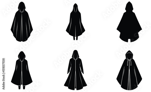 Hooded Rain Poncho Silhouette Vector Set – Waterproof Outerwear Illustration for Monsoon Fashion, Outdoor Gear, Travel Essentials, and Rainy Weather Concepts