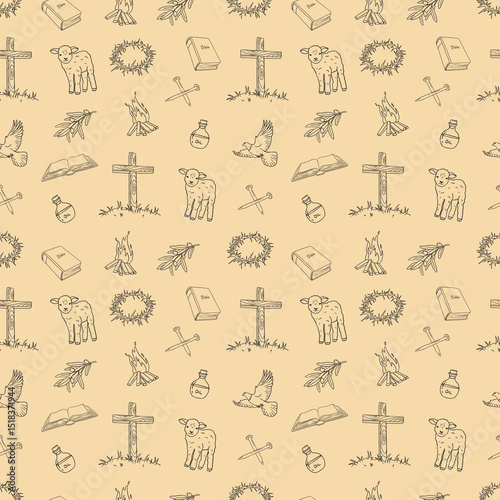  Christian Line Symbols Sketch Pattern, Religion Hand Drawn Art, Biblical symbols doodle, Seamless