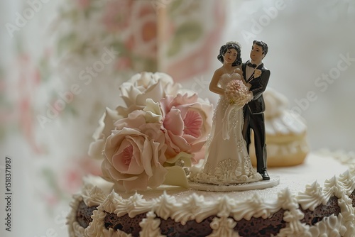 Detailed Visual  of CloseUp of Bride and Groom Figurines on Wedding Cake Topper