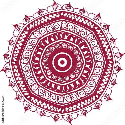 Detailed and symmetrical mandala artwork featuring intricate geometric patterns and ornamental elements. This decorative design is perfect for use in meditation visuals, coloring books, textile prints