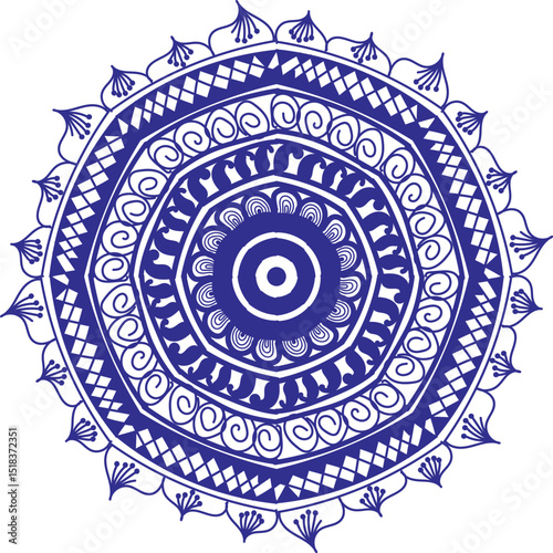Detailed and symmetrical mandala artwork featuring intricate geometric patterns and ornamental elements. This decorative design is perfect for use in meditation visuals, coloring books, textile prints