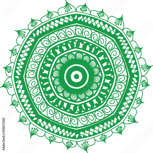 Detailed and symmetrical mandala artwork featuring intricate geometric patterns and ornamental elements. This decorative design is perfect for use in meditation visuals, coloring books, textile prints