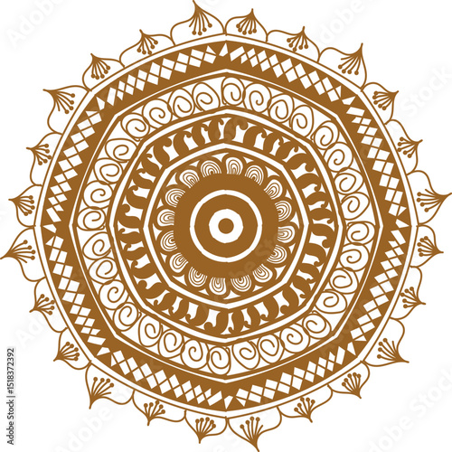 Detailed and symmetrical mandala artwork featuring intricate geometric patterns and ornamental elements. This decorative design is perfect for use in meditation visuals, coloring books, textile prints