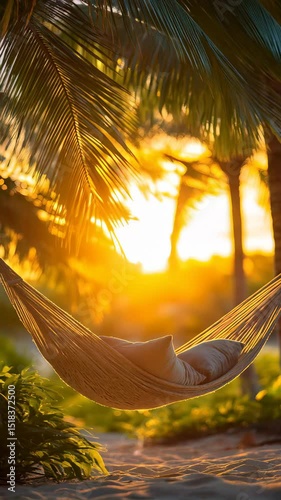 A cozy hammock with pillows hangs between palm trees, bathed in soft golden light at sunset