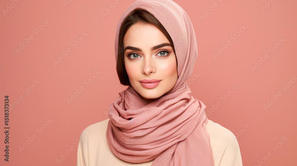 A woman wearing a pink hijab poses confidently against a matching pink background, showcasing elegance and modern style. A woman wearing a pink hijab poses confidently against a matching pink background, showcasing elegance and modern style.