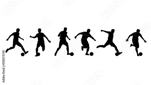 Dynamic sequence of soccer players silhouetted in motion depicting kicks running and ball control against a deep black backdrop