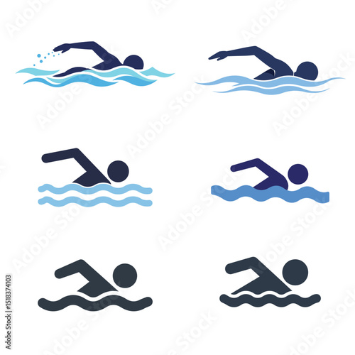 Swimmer Vector Icon Set, Silhouette of Person Swimming in Water for Sport, Fitness, and Aquatic Activity Concepts