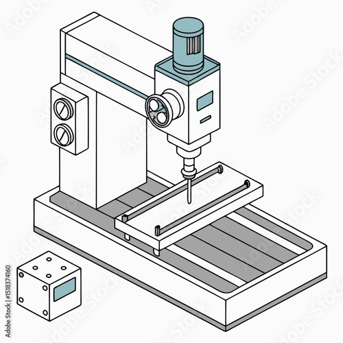 Isometric illustration of a vertical milling machine demonstrating industrial manufacturing and engineering principles in a modern style