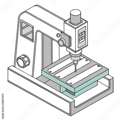 Isometric illustration of a precise industrial drill press machine isolated on a white background