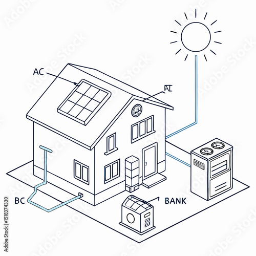 Isometric illustration of a modern house utilizing solar energy and battery storage for renewable electricity