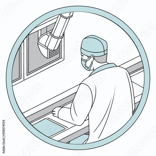 Medical professional wearing protective gear inspecting an industrial or laboratory hvac system inside a circular frame