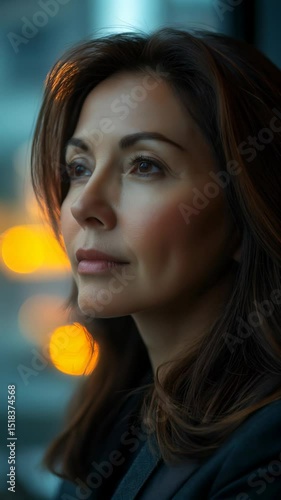 Thoughtful woman looks out near a window, soft orange city lights glowing behind her in the dusk