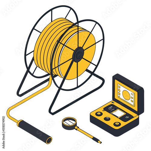 Isometric illustration of a sewer inspection camera set with monitor reel and probe showing surveying equipment