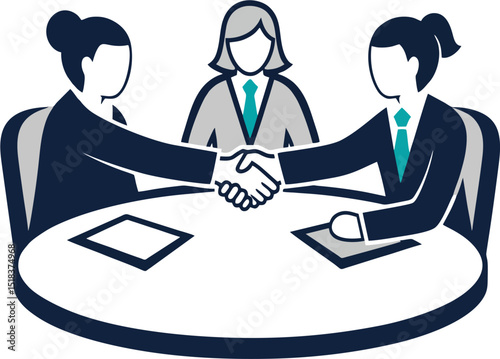 Businesswomen Shaking Hands at Round Table with Mediator – Vector Illustration