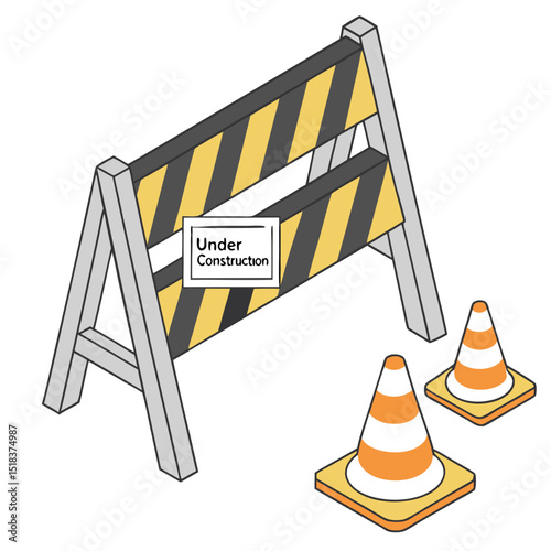 Isometric illustration of under construction barrier with cones warning of road work and project progress