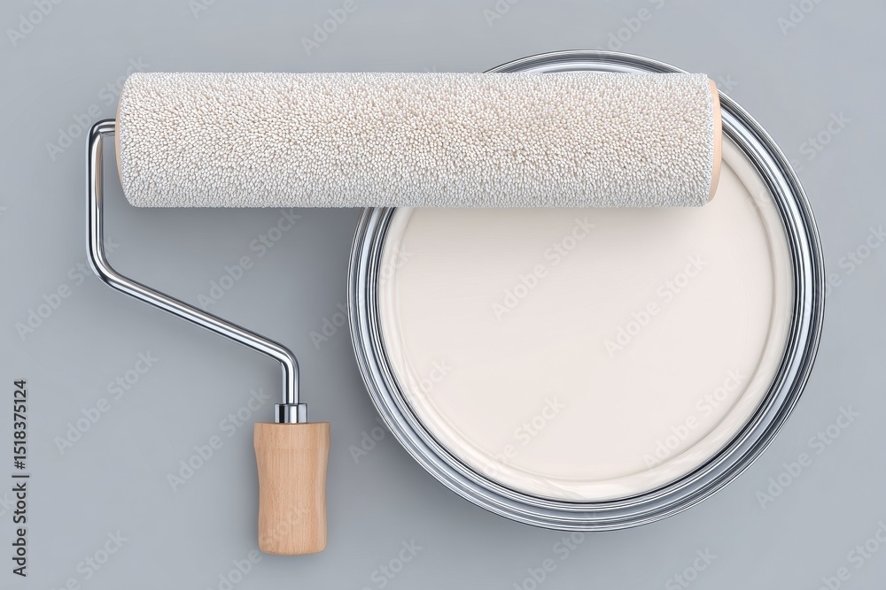 Obraz premium A collection of painter's tools, including a white paint brush set or a painting roller, is shown from a top view, isolated on a clean paper background, as part of an interior house renovation design