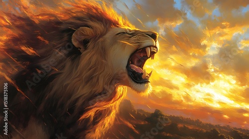 Majestic Lion Roaring at Sunset in Savannah - Wildlife Stock Photo
