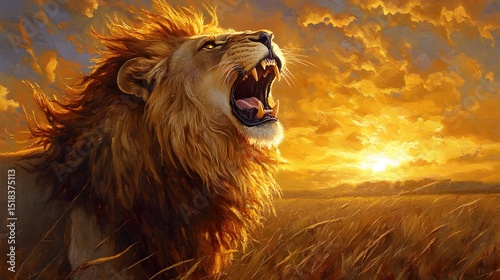 Majestic Lion Roaring at Sunset in Savannah - Wildlife Stock Photo
