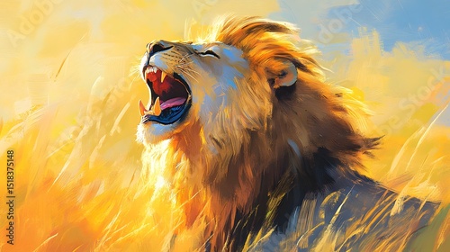 Majestic Lion Roaring at Sunset in Savannah - Wildlife Stock Photo