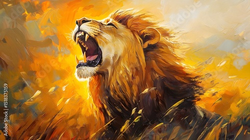 Majestic Lion Roaring at Sunset in Savannah - Wildlife Stock Photo