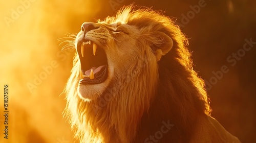 Majestic Lion Roaring at Sunset in Savannah - Wildlife Stock Photo