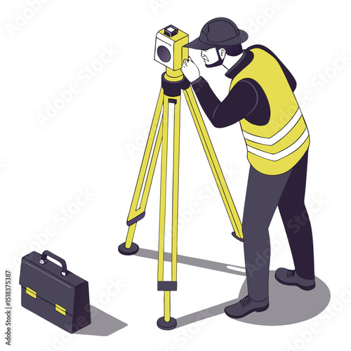 Isometric illustration of a surveyor using a total station instrument for land measurement surveying