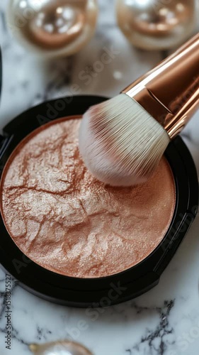 Fluffy cosmetic brush resting on shimmery peach highlighter in a black compact on marble surface