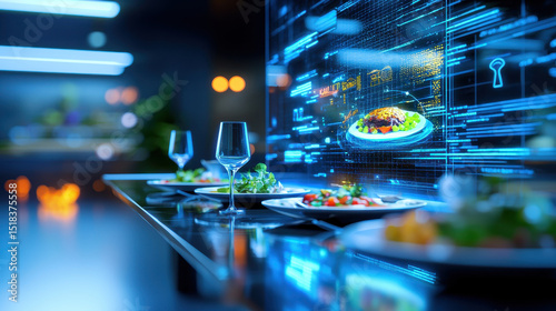 Futuristic dining experience featuring digital food displays, elegant glassware, and vibrant dishes