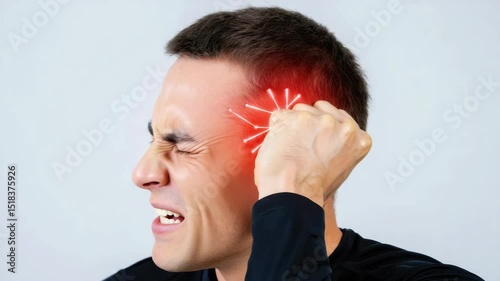 Man suffering from acute headache or migraine with cluster headache or neuralgia symptoms highlighted on temple photo