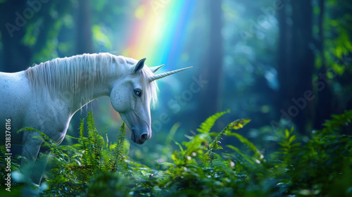 Serene unicorn in lush forest with vibrant greenery and rainbow in background creates magical atmosphere