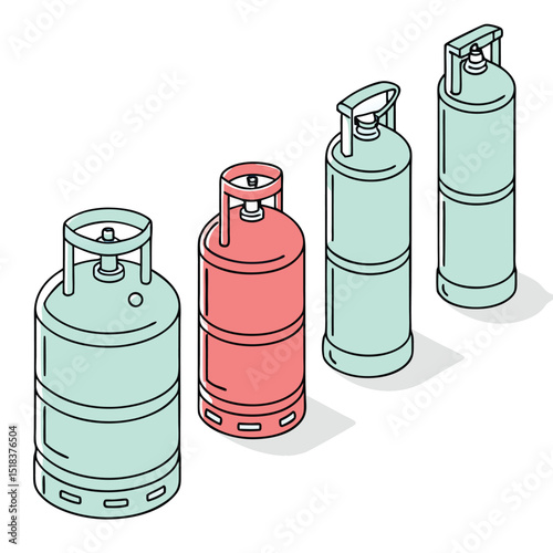 Isometric illustration of various propane gas cylinders in green and red on a white background