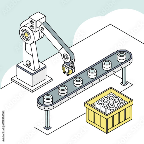 Automated robotic arm in factory production line manufacturing process conveyor belt isometric illustration