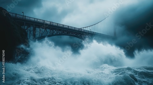 Metal bridge over powerful waves during a storm.