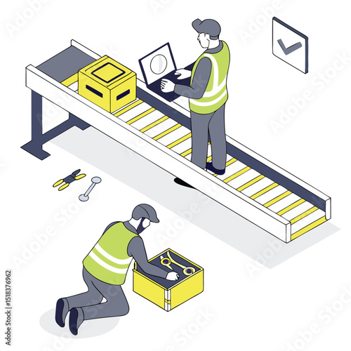Isometric illustration of warehouse workers inspecting and managing boxes on a conveyor belt system