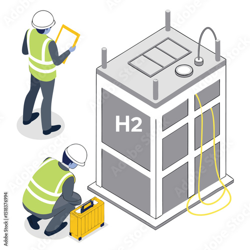 Isometric illustration of engineers inspecting a hydrogen storage tank and evaluating its construction