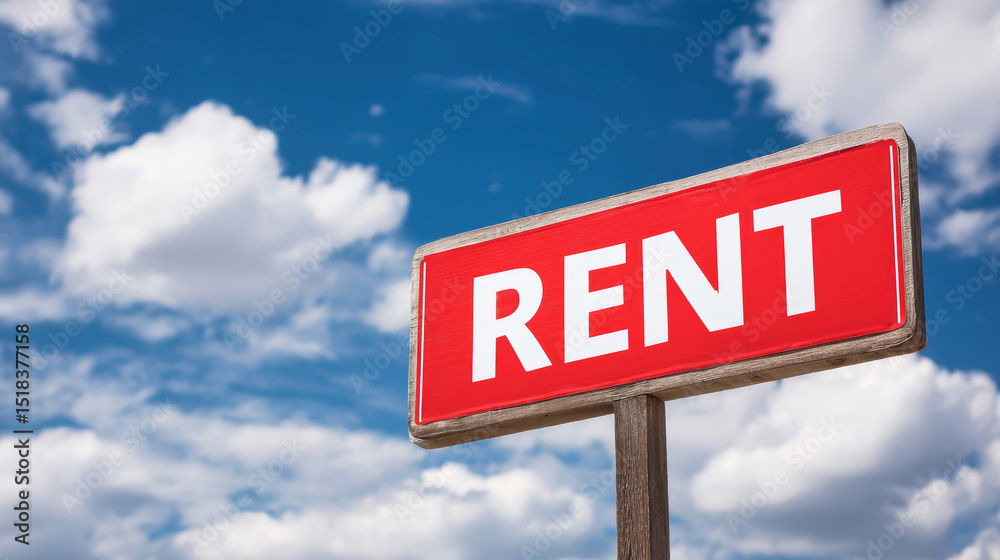 Obraz premium Red for rent sign in front of a charming house with blue sky and fluffy clouds offers new rental opportunities