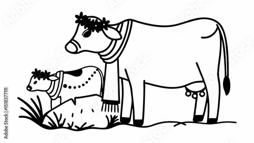 Illustration of a mother cow with a wreath and scarf alongside her calf in a simple line drawing style created with generated ai