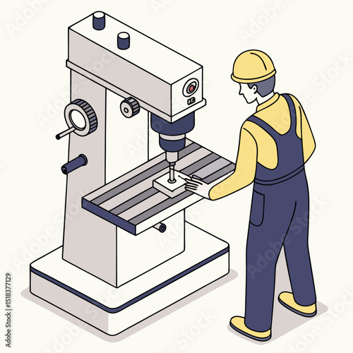 Illustration of a worker operating a drill press in a manufacturing or engineering workshop