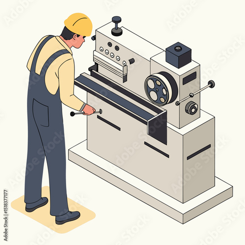 An isometric illustration of a factory worker operating industrial machinery wearing overalls and a hard hat