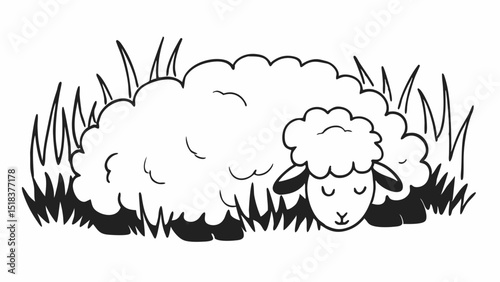 A fluffy sheep sleeping peacefully in a field of tall grass with its eyes closed in black and white style created with generated ai