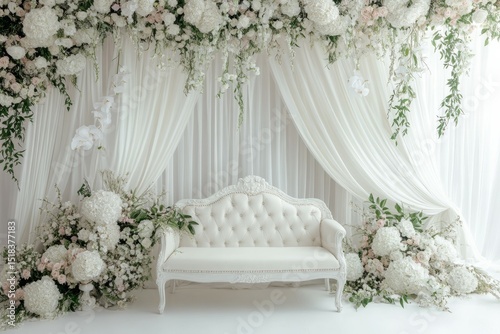 Elegant white sofa with floral drapes in bridal setting. AI image photo