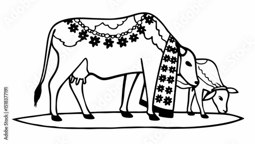 Decorated cow with floral garlands and calf grazing illustration in black and white line art style created with generated ai