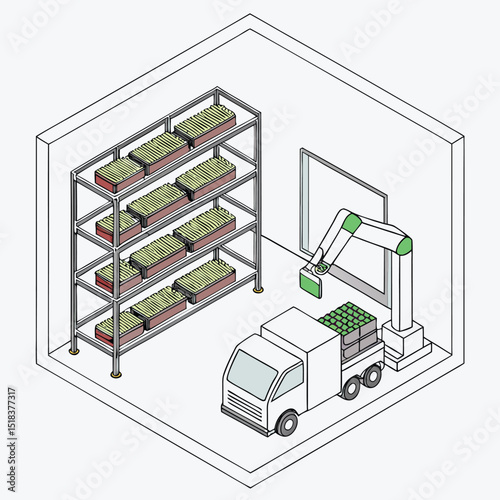 Automated warehouse with robot arm loading products onto truck for efficient supply chain logistics