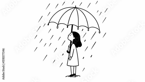 A girl stands under an umbrella in the rain looking up with a simple black and white line drawing style created with generated ai